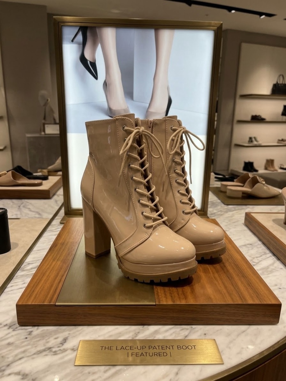 Fashion Nova Nude Patent Lace-Up Platform Ankle Boots